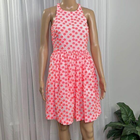 J Crew Embroidered Dress Neon Coral /White 00 - Picture 4 of 13